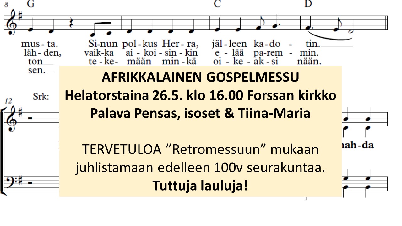kuvassa pohjalla messun synnintunnustuslaulua ja päällä tekstilaatikko, jossa tapahtuman nimi ja tiedot