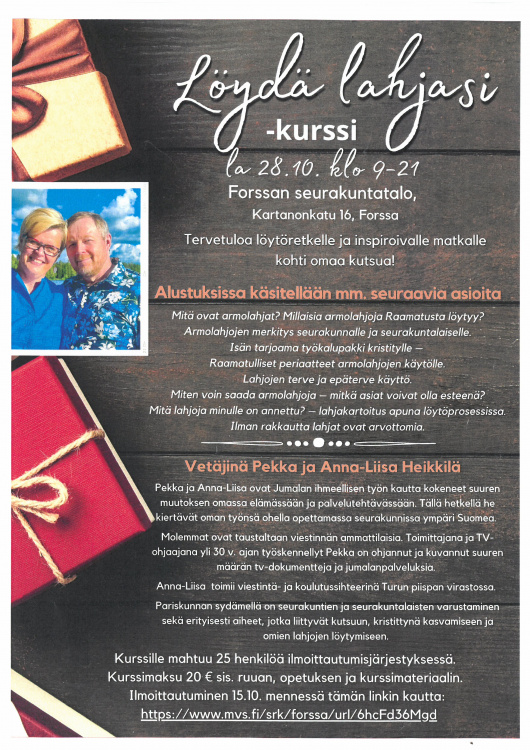Kuvassa tekstiä sekä Pekka ja Anna-Liisa Heikkilän kuvat