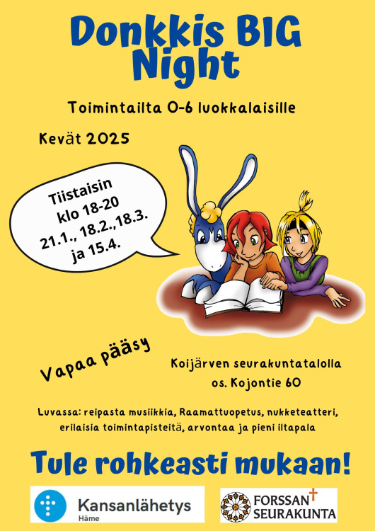 Donkkis Mainoksessa Donki-aasi lukee lehteä lapsien kanssa.