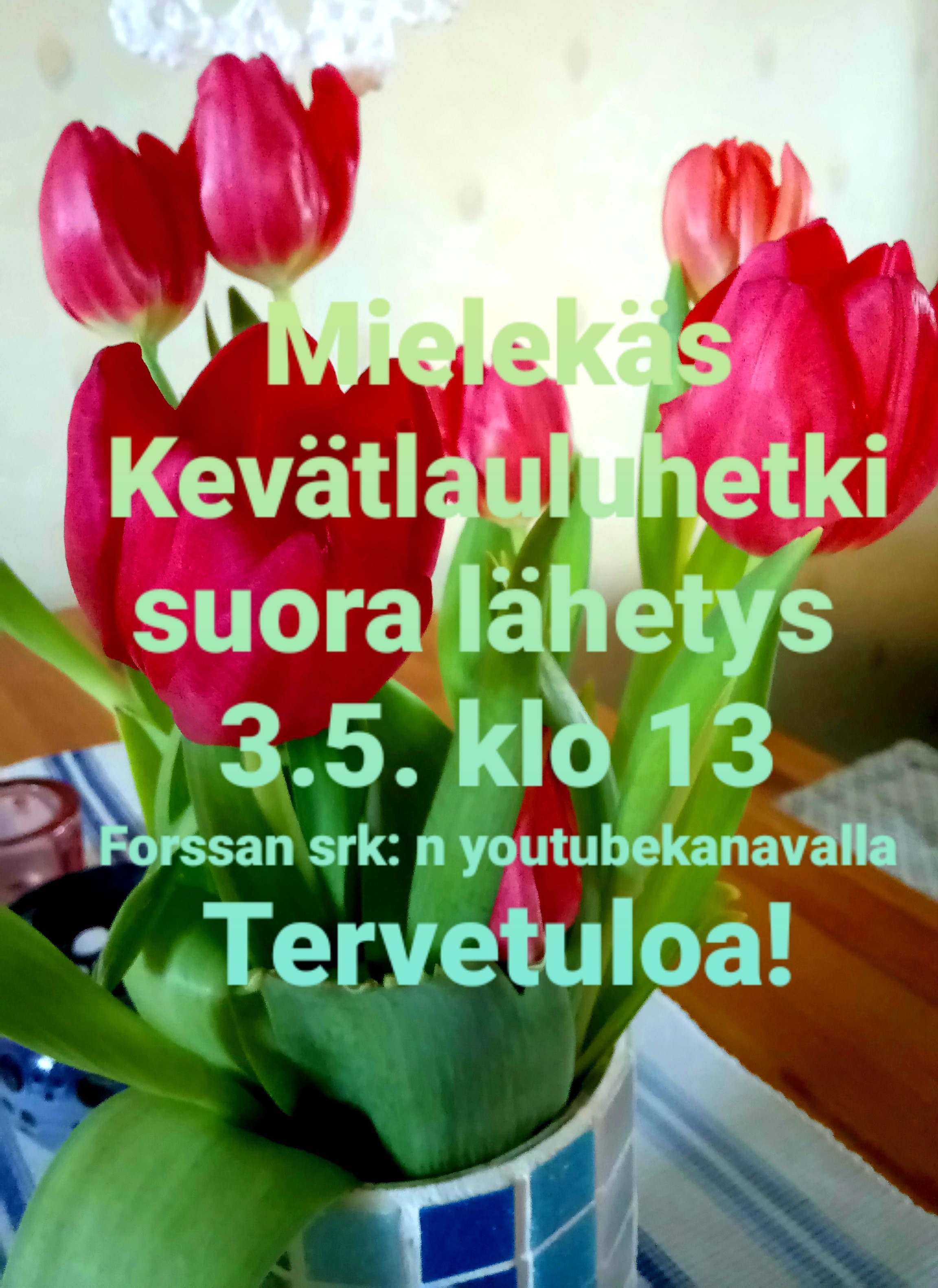 Mielekäs Kevätlauluhetki Kuvassa tulppanikimppu pöydällä ja sen päällä teksti Mielekäs kevätlauluhetki