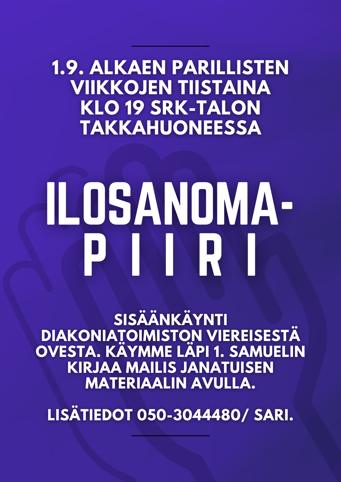 Tumman violetilla pohjalla valkoisella teksti
