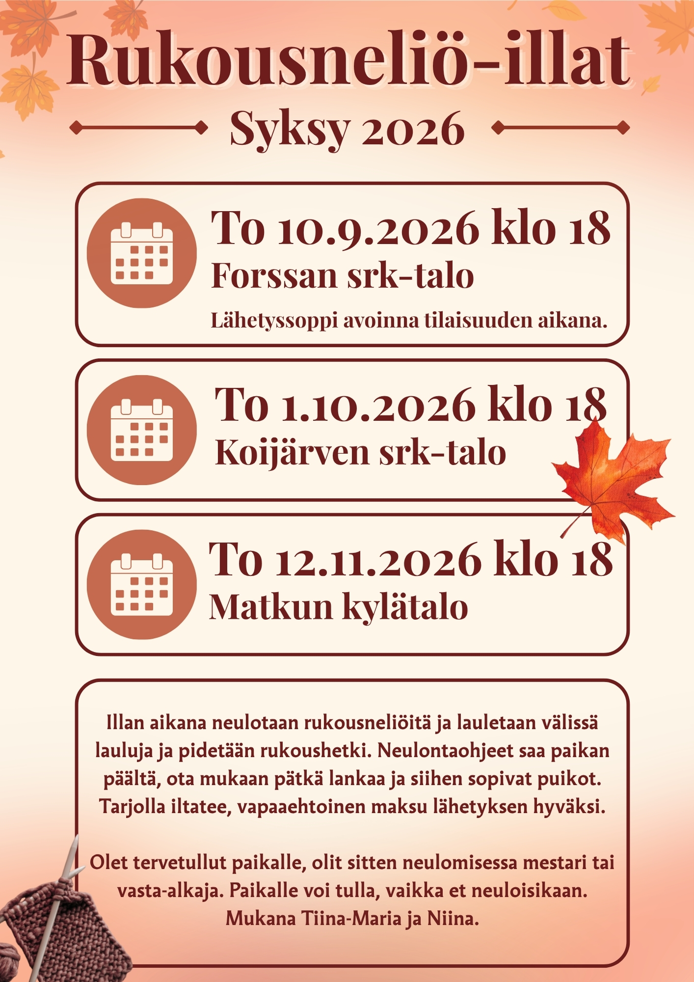 Rukousneliöilta torstaina 12.11.2026 klo 18 Matkun kylätalolla