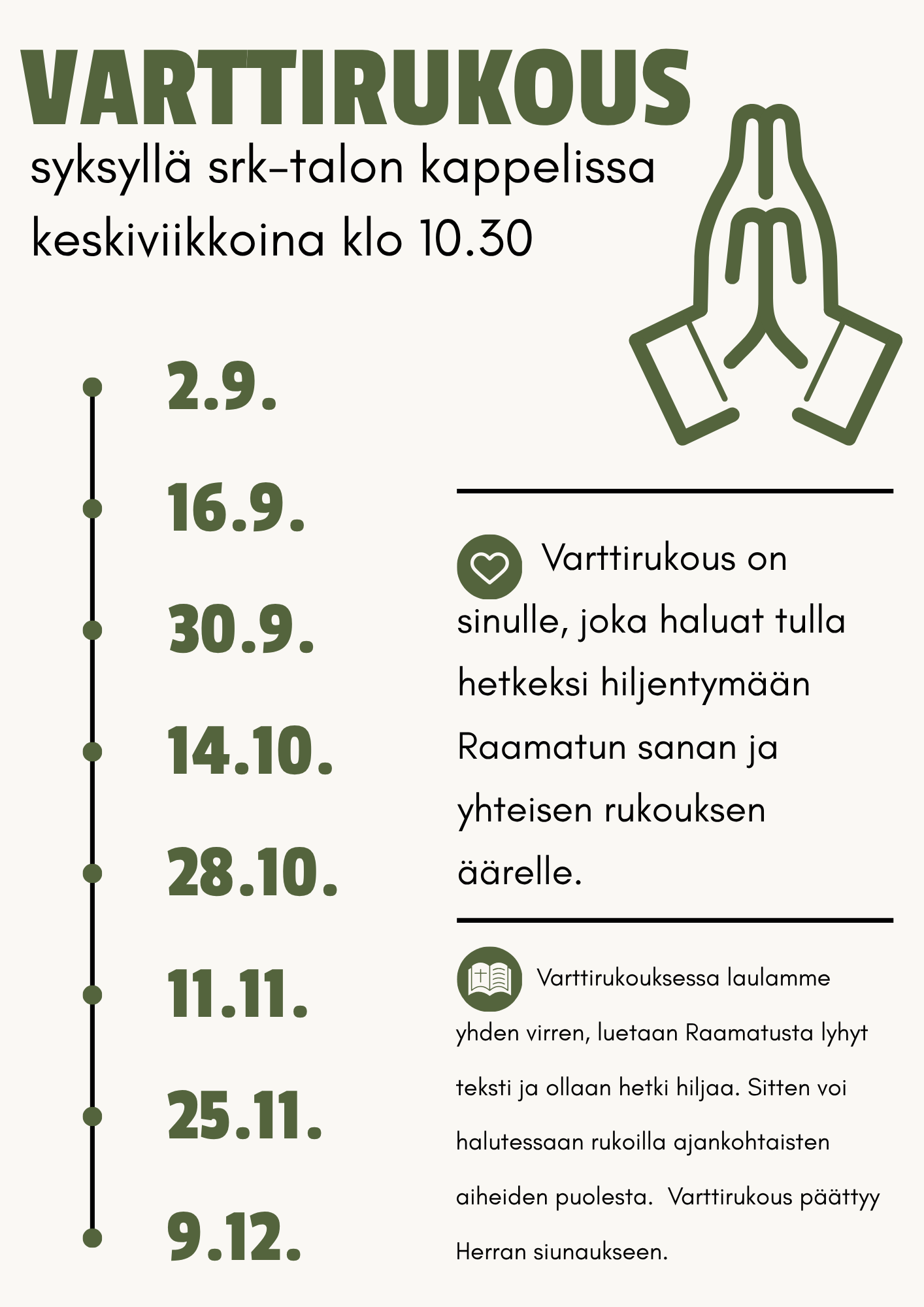Kuvassa piirretty ja tyylitelty kuva rukoilevista käsistä, sydän Emoji ja avoin kirja emoji, Teksti sama kuin sivulla muutenkin
