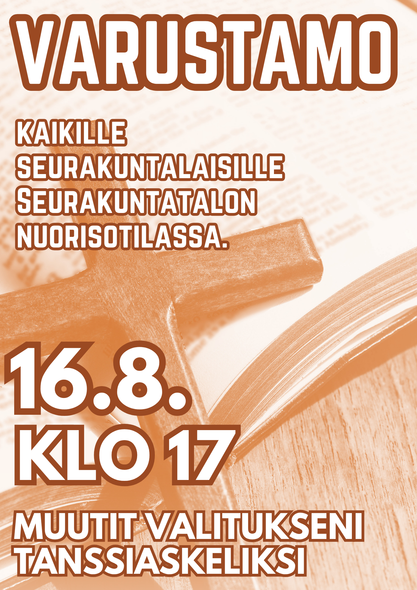 Tumman oranssin värinen kuva avoimesta Raamatusta jonka päällä puinen risti.