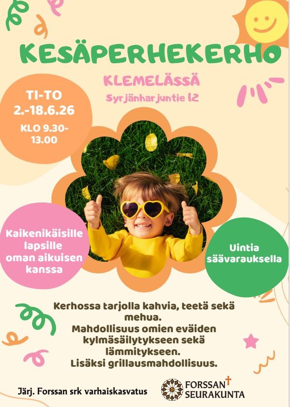 Kesäperhekerho Klemelässä 2.6. - 18.6.2026 klo 9.30